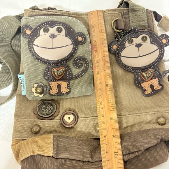 Chala Patch Crossbody Handbag in olive green canvas with a monkey charm - Picture 7 of 11